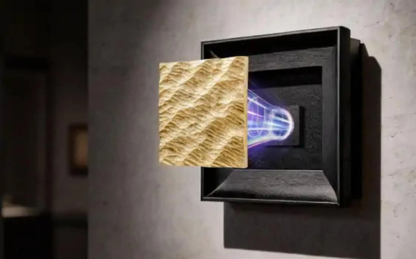 AetherCanvas® Energy Ring Series mineral-textured art frame displayed in a serene modern luxury interior