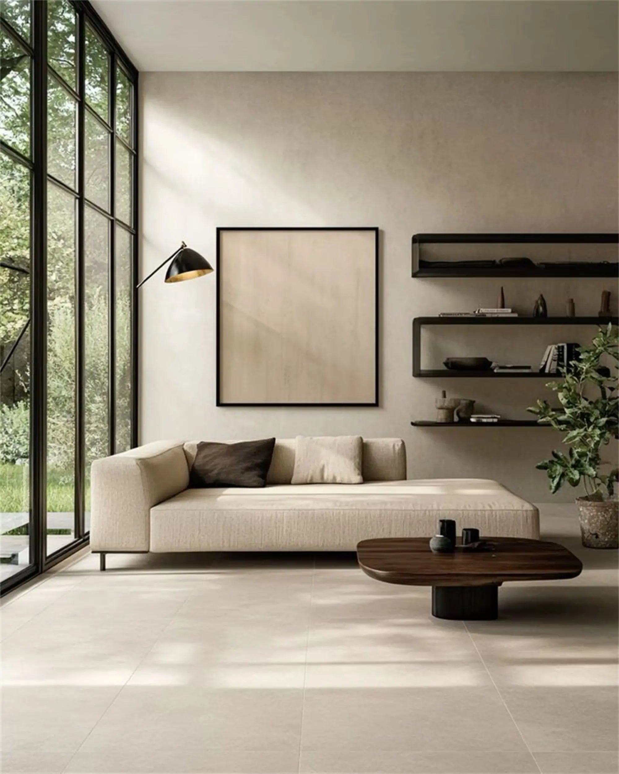 Neutral tones and clean lines living room setup with Feng Shui art