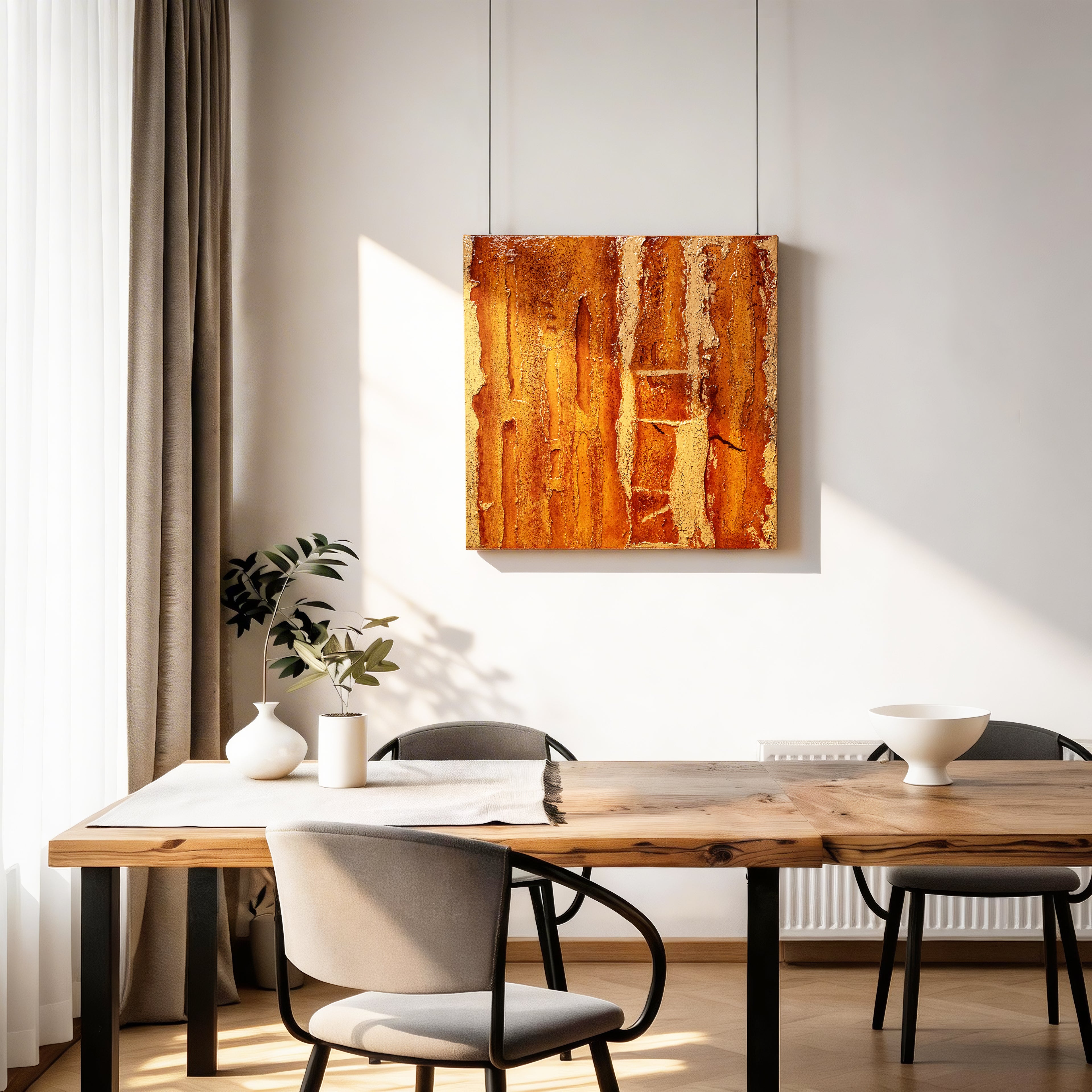 Gilded Terrain — lifestyle scene of handcrafted art in a refined interior, channeling earth element stability through its dimensional gilded texture and warm, grounded tonal depth.