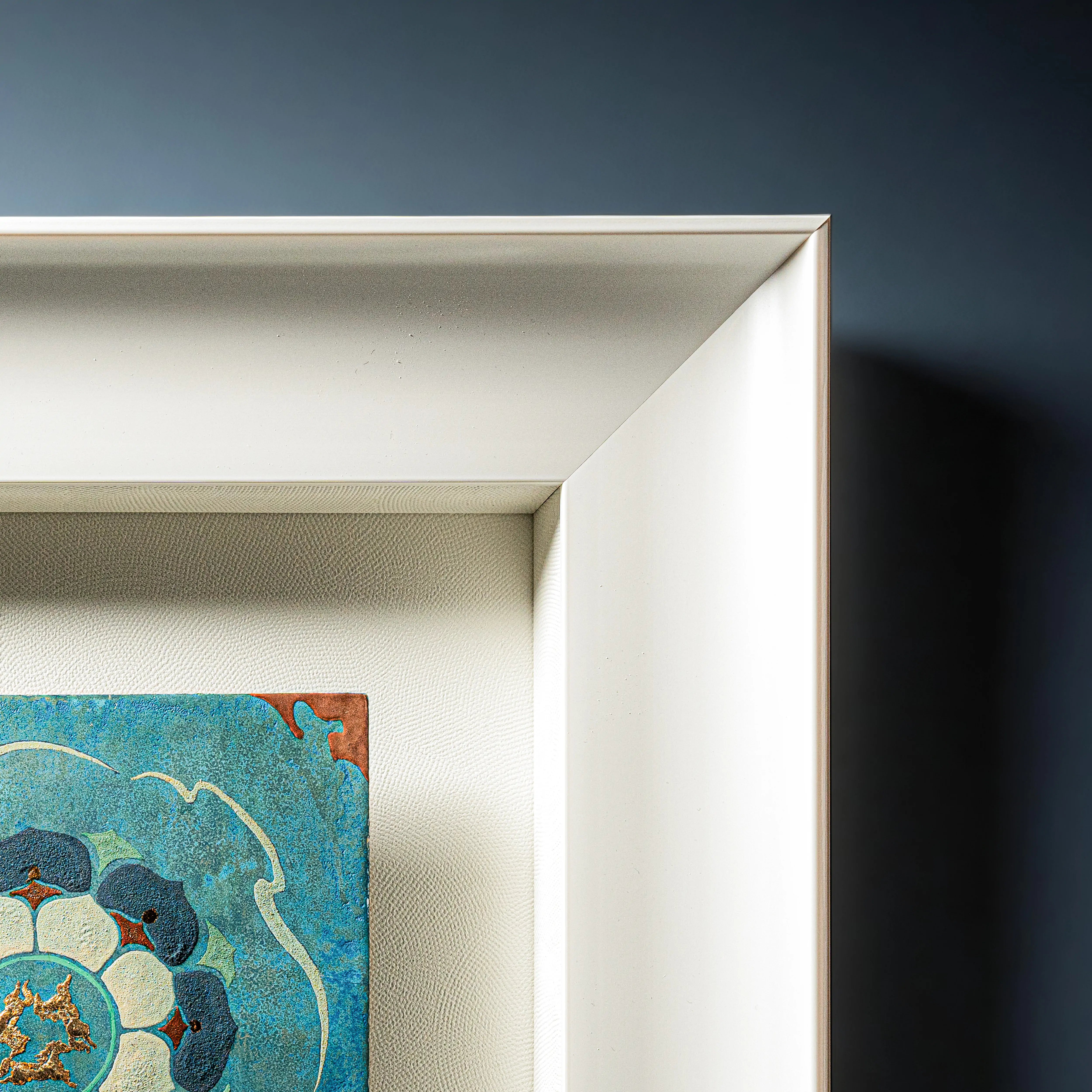 Quarter-corner detail of Heavenwell Axis wall art showcasing the intricate earth element mineral texture and tactile copper foil relief craftsmanship.