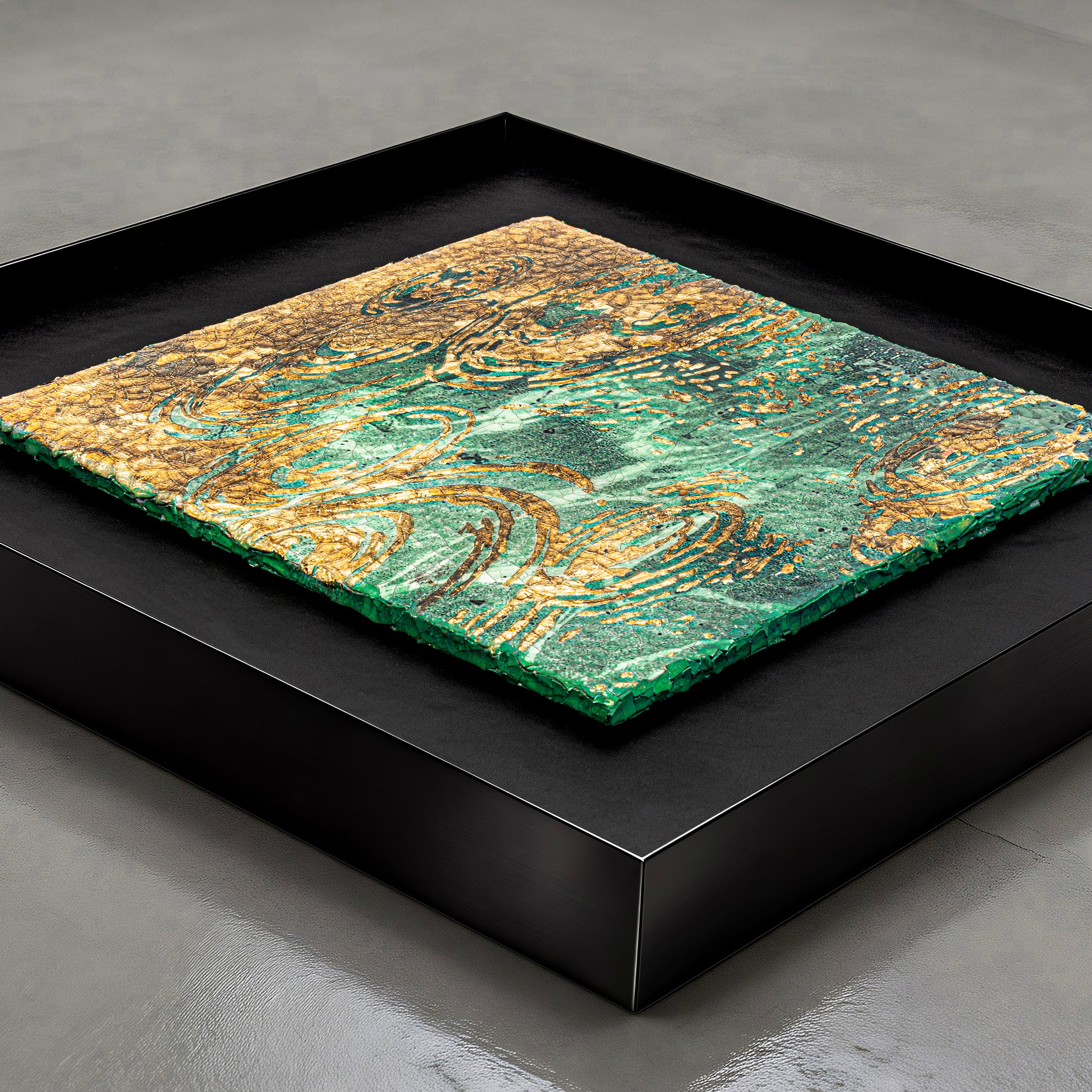 Still Water, Deep Current — Patinated Foil · Aura Frame— flat-lay full view of the canvas highlighting the all-over ripple texture and water element tonal depth of the patinated foil finish.