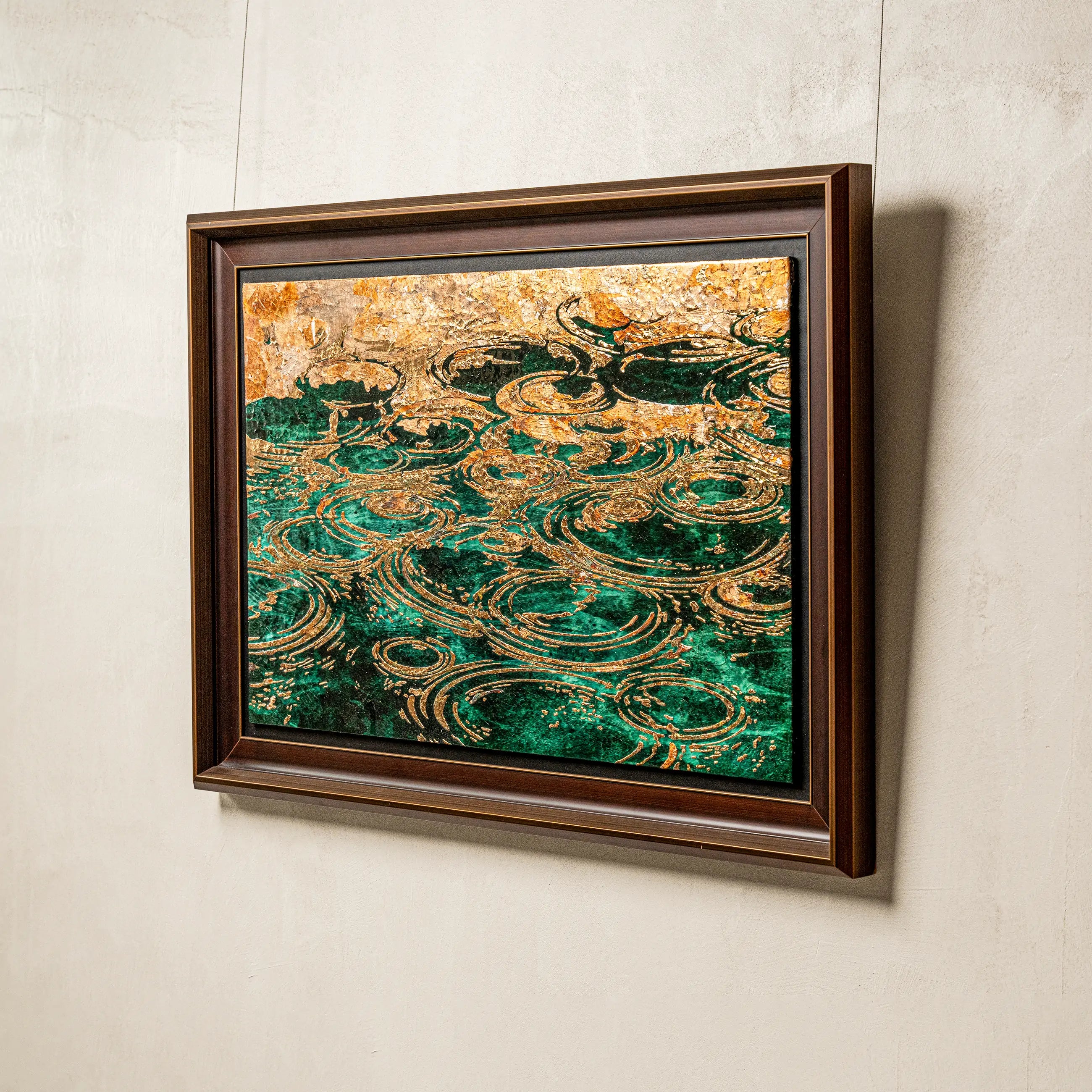 Macro detail of Still Water, Deep Current — Patinated Foil Grand, revealing tonal shifts in the selectively applied patinated foil where oxidized metal reacts unevenly across the sculpted wave relief and layered mineral terrain.