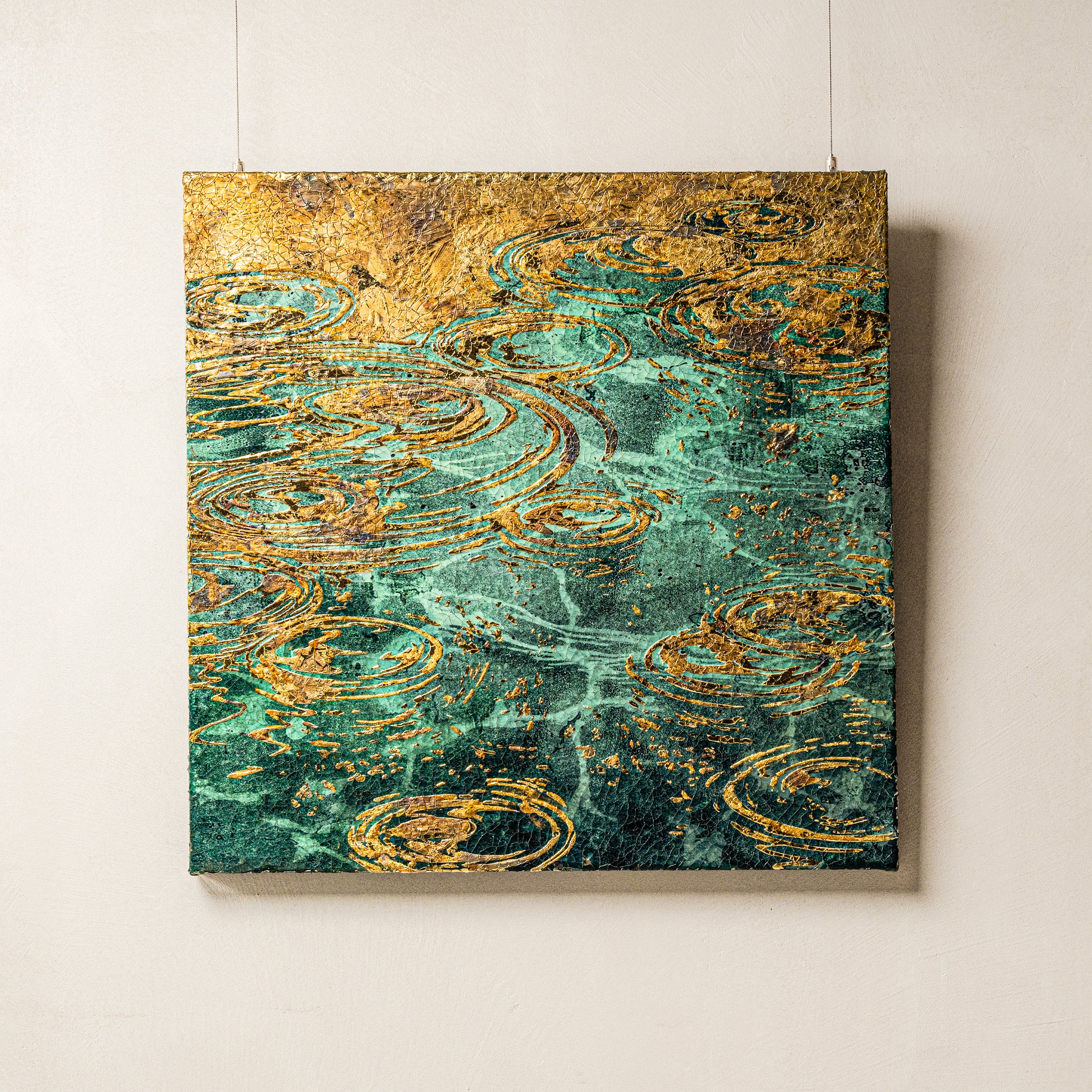 Still Water, Deep Current — Patinated Foil feng shui wall art — full product view embodying water element's deepest power through patinated foil relief and layered ripple texture.