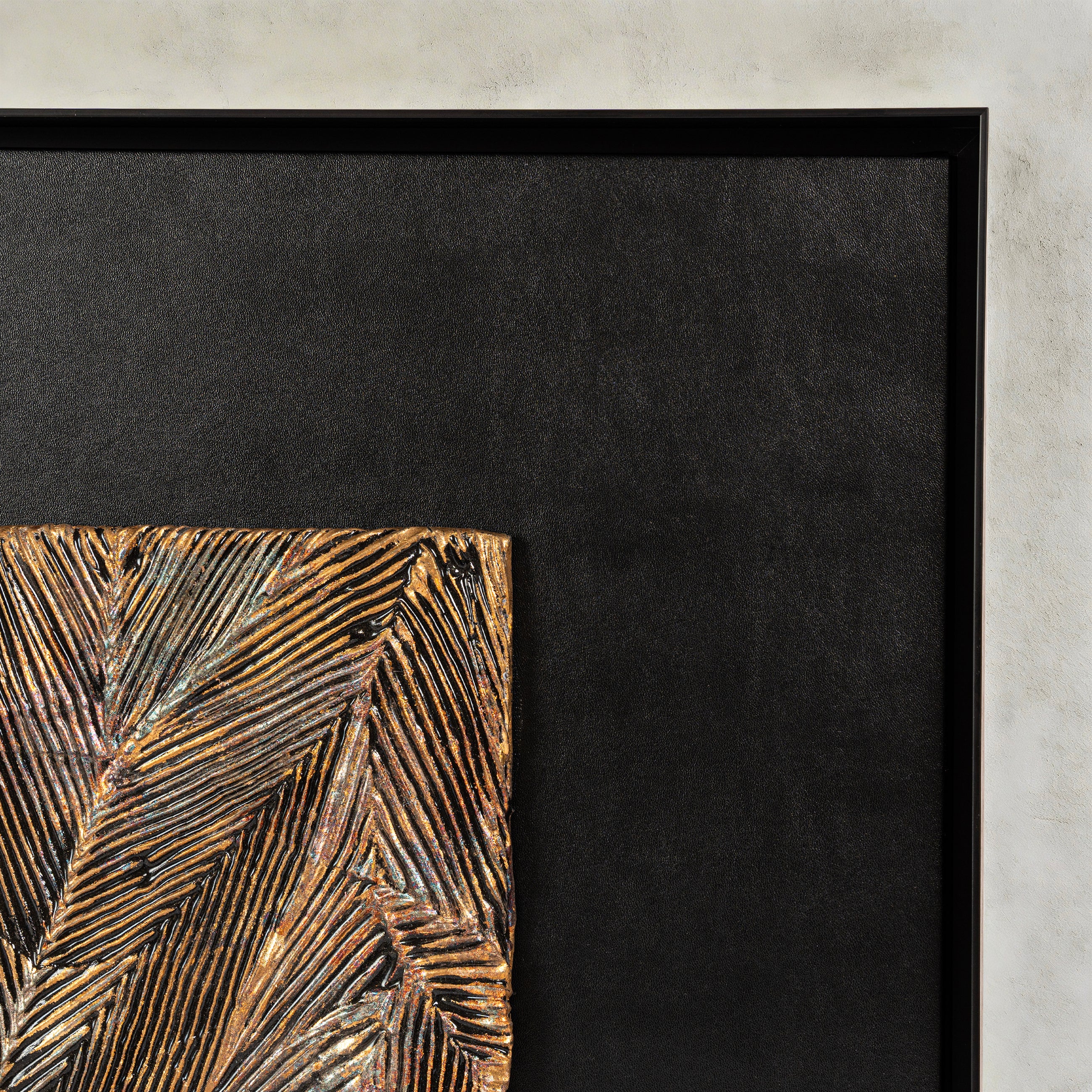 Corner detail of Striae — Patinated Foil · Aura Frame, showing the parallel linear striations of heat-oxidized fired foil laid across the metal element crackle mineral terrain — sixteen stages of high-temperature firing producing tonal variation through combustion rather than pigment.