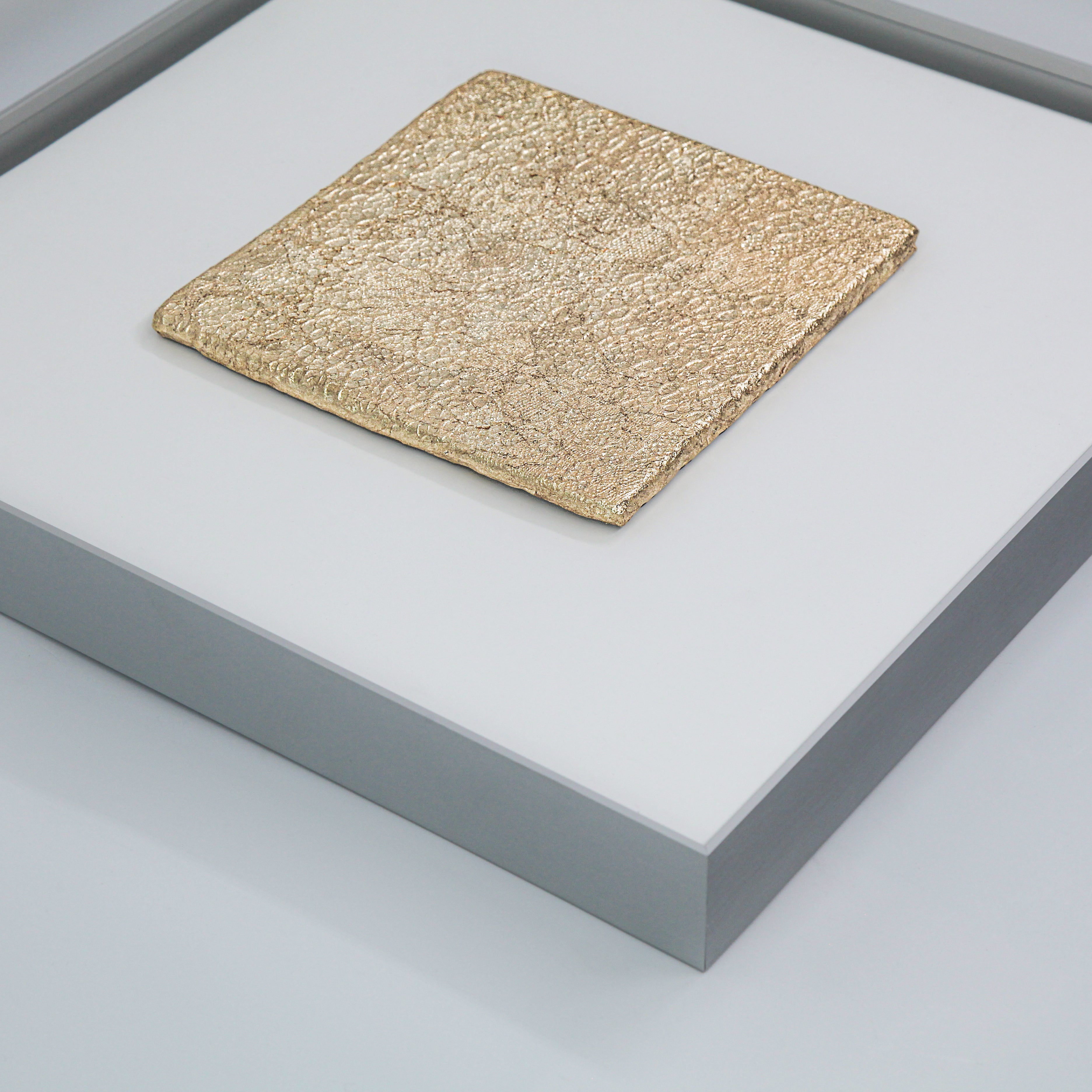 Flat-lay overhead view of Tendril — Gilded Foil · Aura Frame, capturing the full expanse of its wood element mineral terrain — vines and unfurling leaves pressed upward from pigment across the entire surface, gilded foil tracing every raised passage in warm, classical gold.