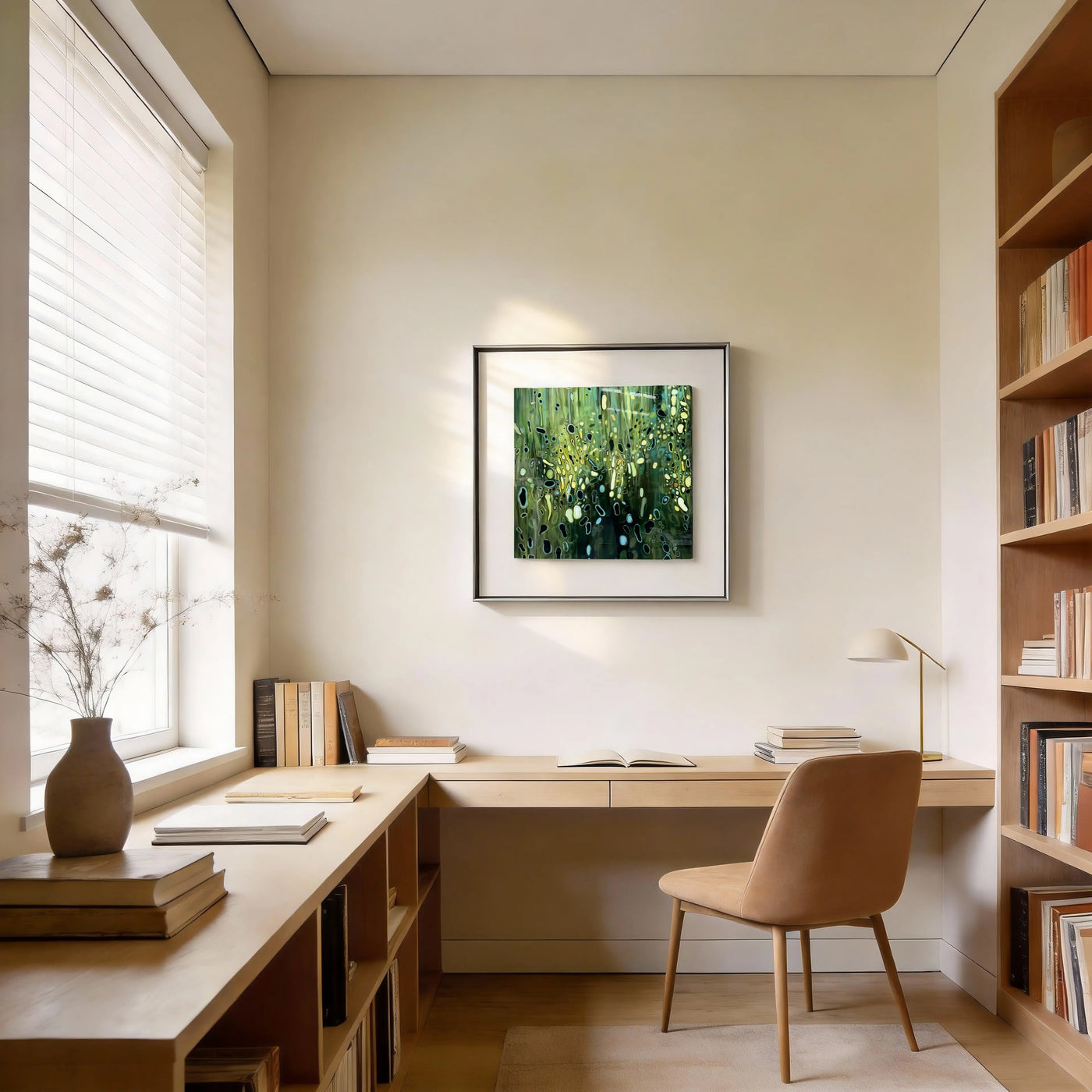 AetherCanvas® Wood Element 3D mineral texture wall art in a luxury living room, evoking Eastern feng shui growth energy and spring vitality