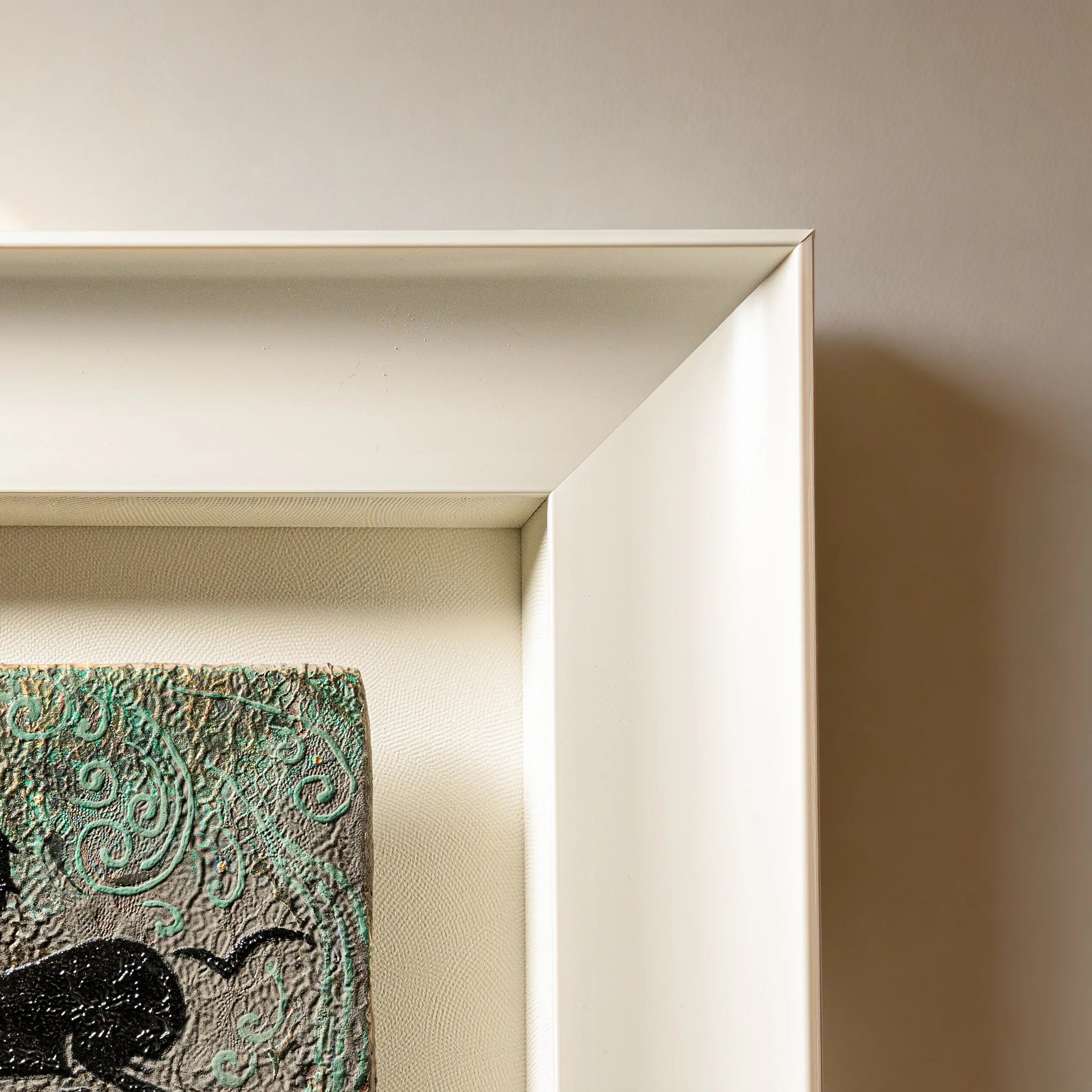 Quarter-corner detail of Ascend wall art showcasing the intricate mineral texture and wood and water element grain in patinated foil relief.