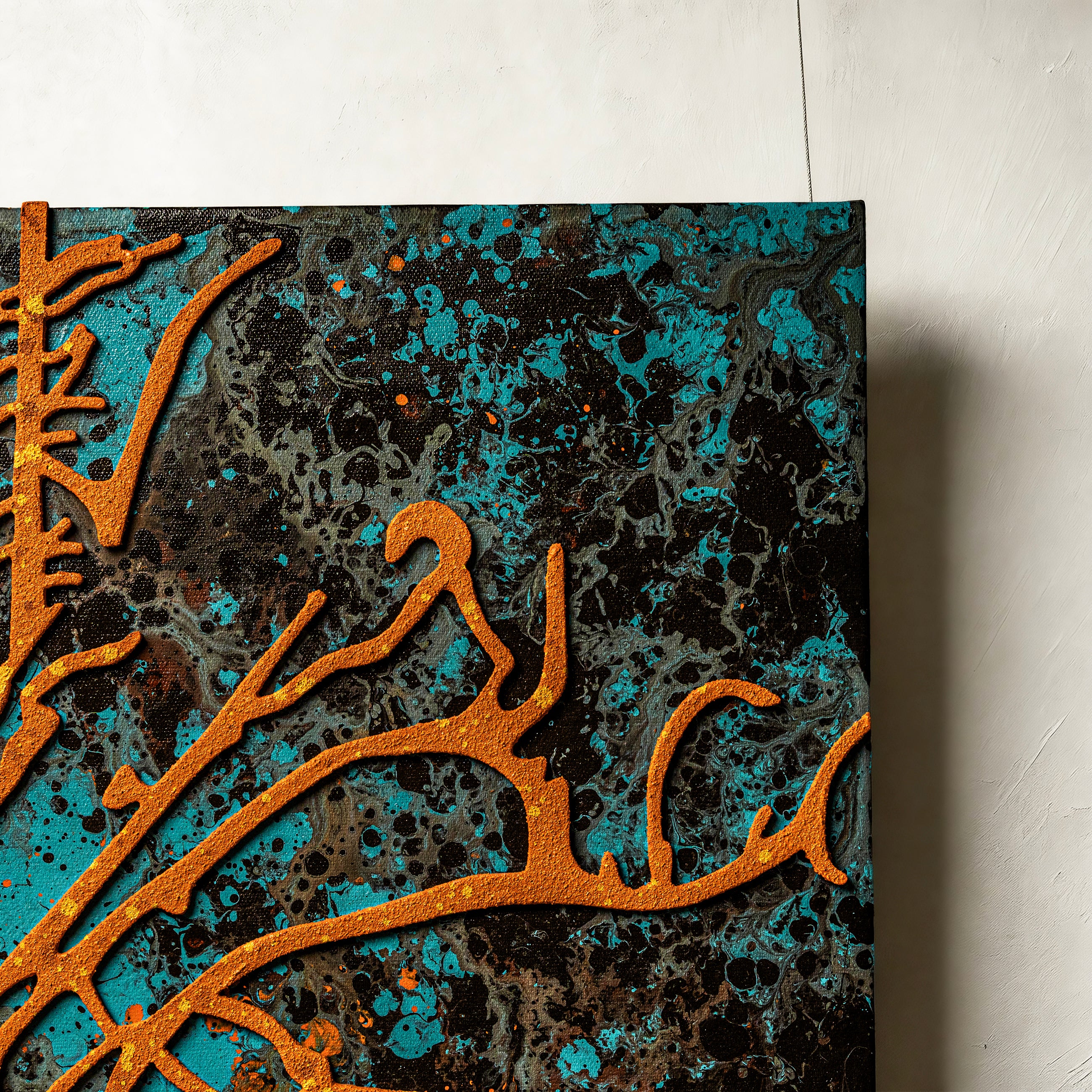 Blossoming Flame — close-up detail highlighting the handcrafted gilded terrain technique, where each sculpted fire element stroke builds the artwork's signature three-dimensional texture.