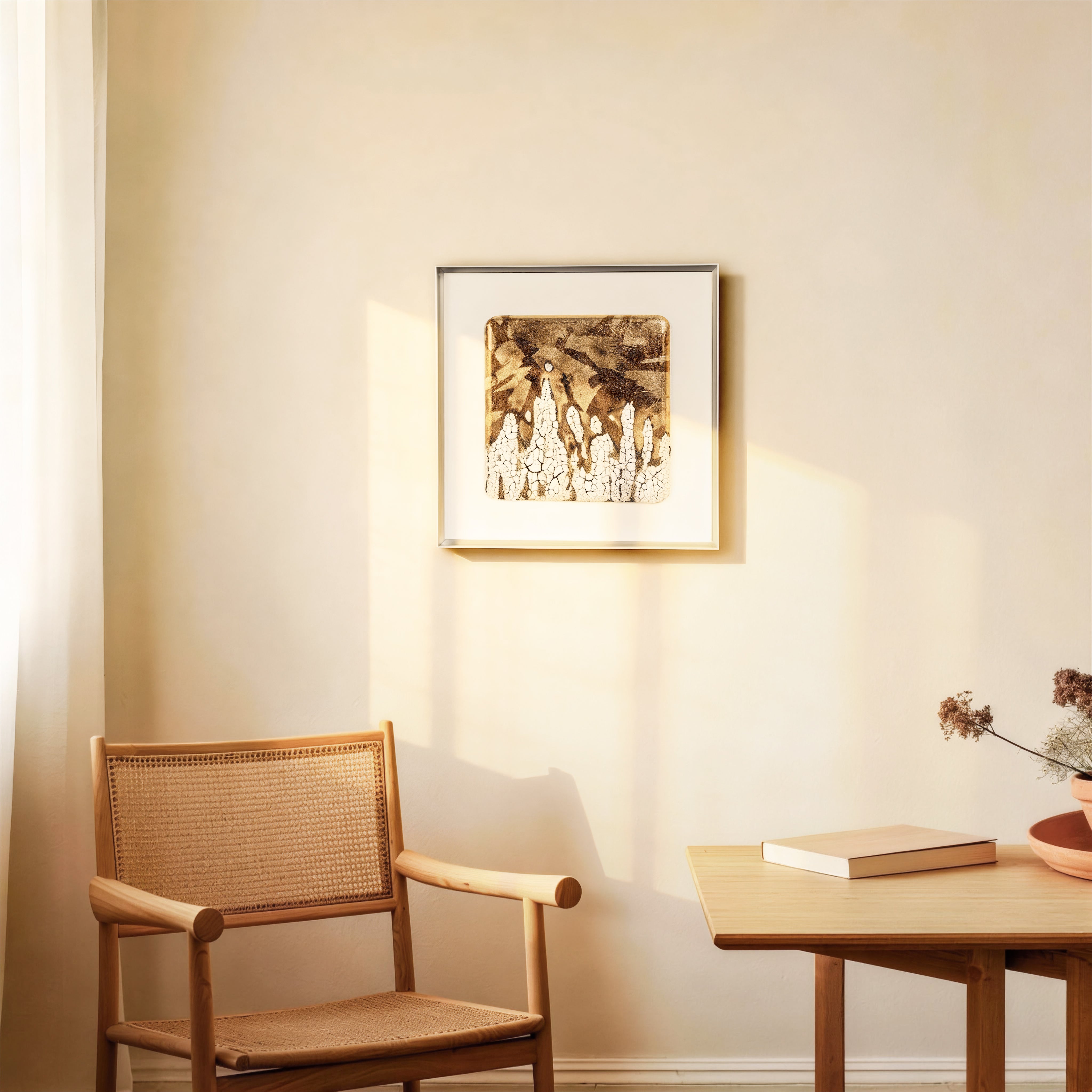 Efflorescence — Patinated Foil · Aura Frame displayed in an interior setting, its metal element energy and richly mottled 3D mineral texture — cracked earth ground, flush metallic plates, and heat-oxidized foil — bringing the raw presence of unearthed ore to the wall.