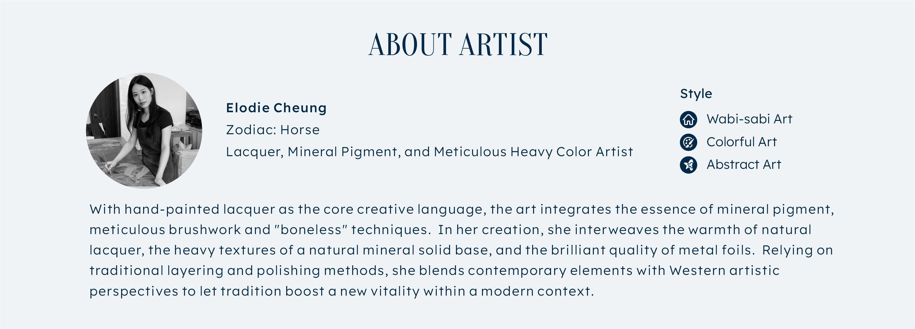 Elodie Cheung, Lacquer and Mineral Pigment Artist — creator of Ascend, specializing in Wabi-sabi, Colorful, and Abstract Art styles using hand-painted lacquer, mineral pigment, and meticulous heavy color techniques.
