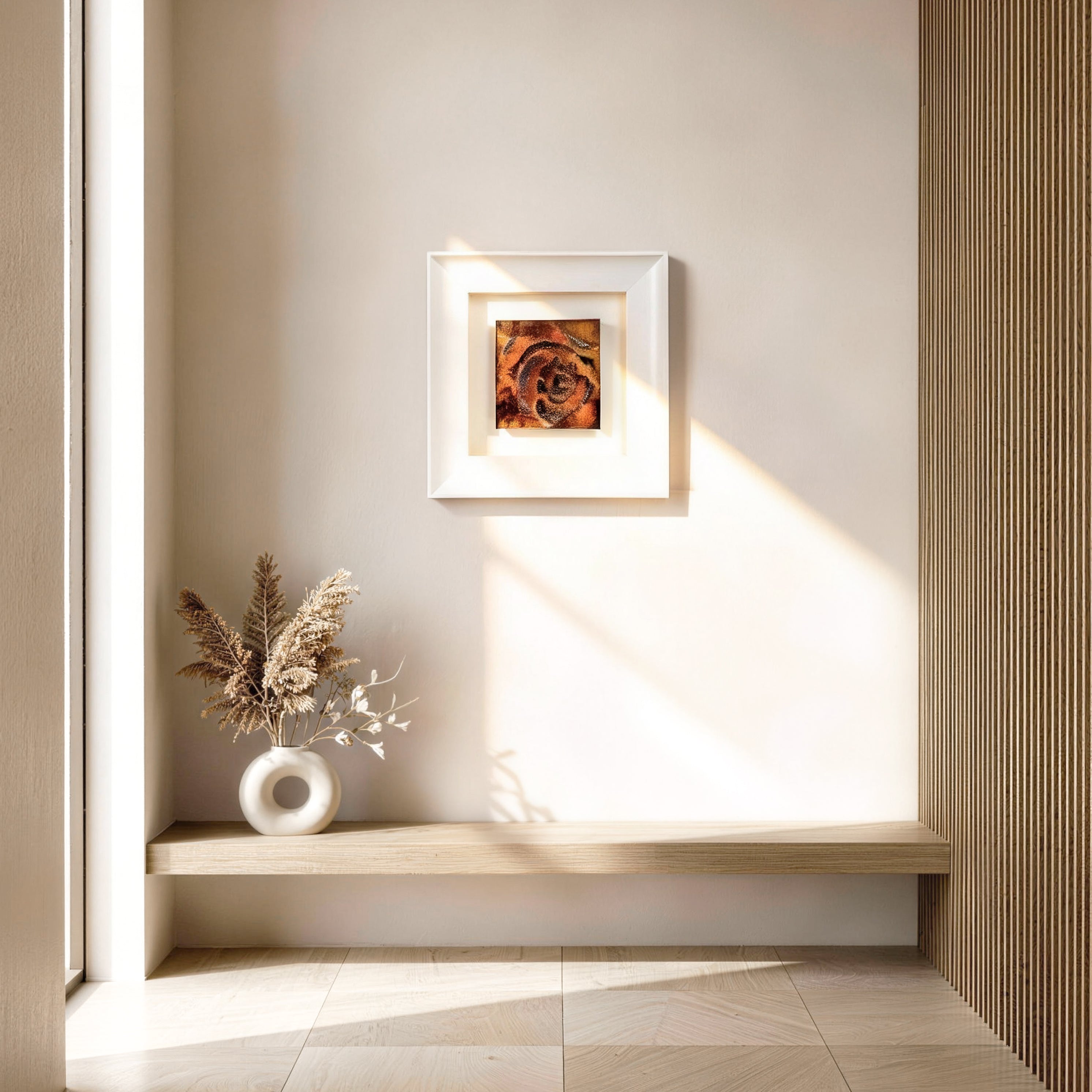 Fervor — Mineral Texture · Aura Frame displayed in an interior setting, its fire element energy and richly layered mineral texture — glowing from blazing orange-red at center to deep brown at the edges — bringing mellow warmth and commanding presence to the wall.