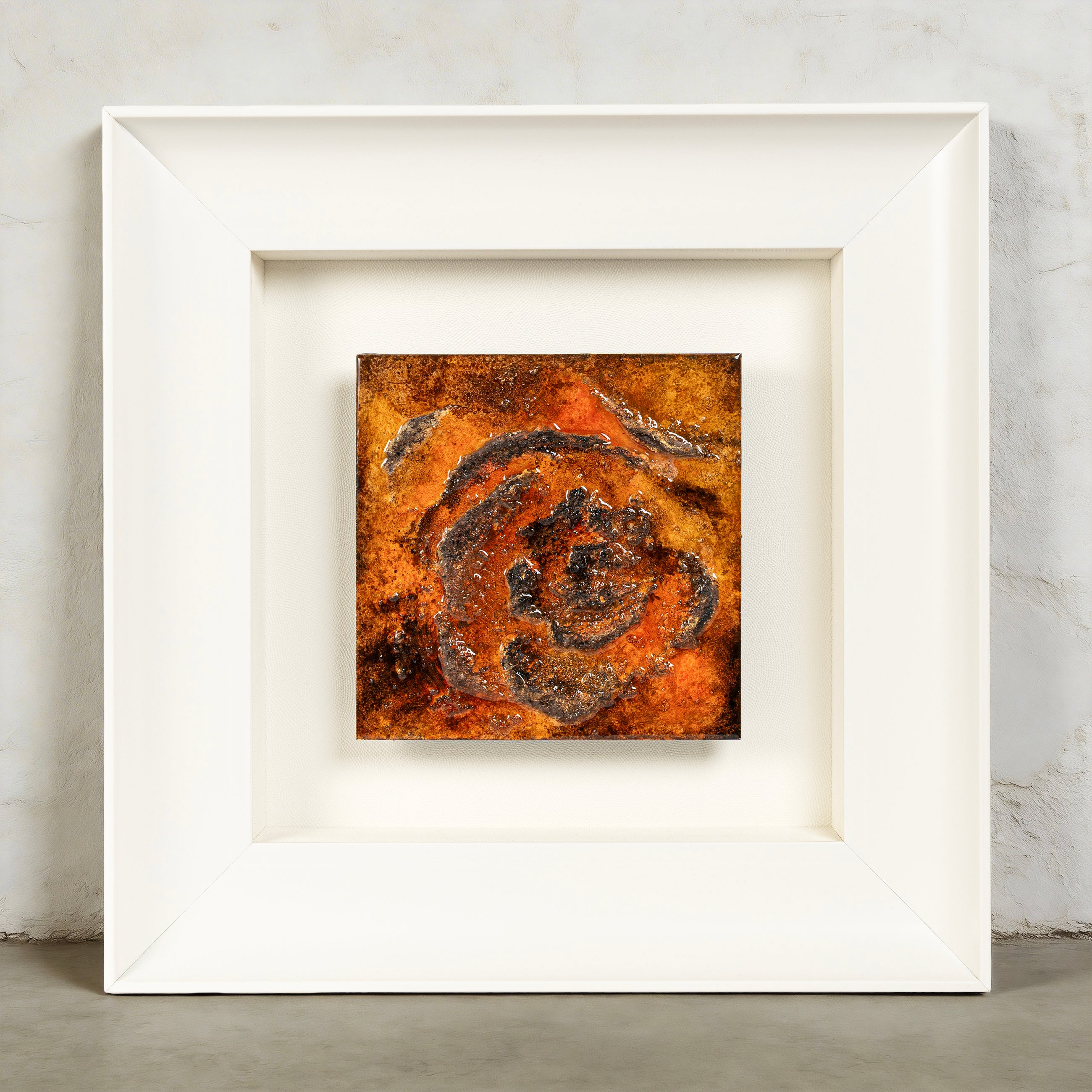 Fervor — Mineral Texture · Aura Frame, full view of a fire element wall art where six to eight hand-painted passes of mineral pigment build a blazing orange-red to deep brown gradient across a densely textured bloom form, its compressed 3D relief radiating concentrated heat inward.