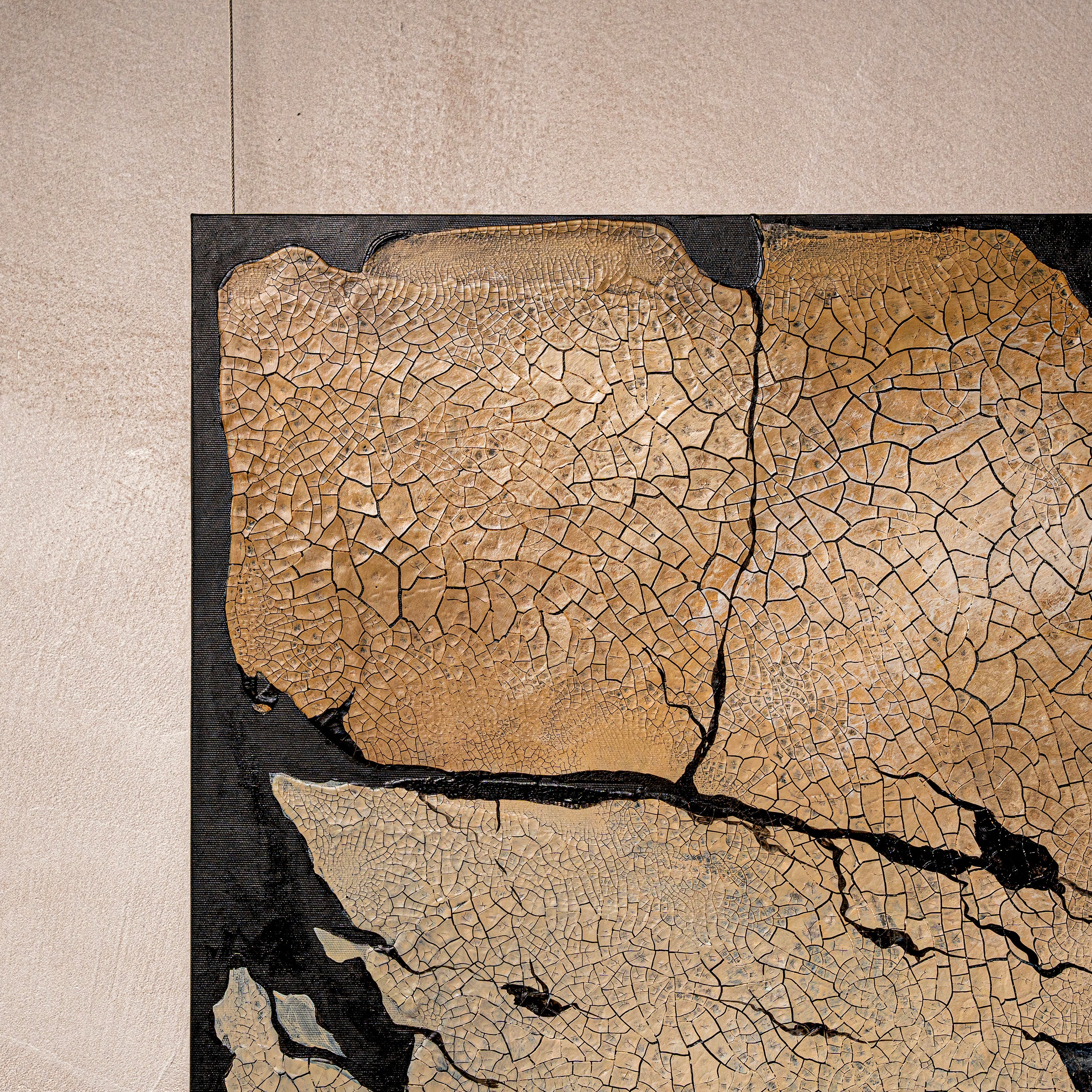 Gold from the Rift — close-up detail highlighting the handcrafted gold rift technique, where each sculpted earth element fissure builds the artwork's signature layered texture.