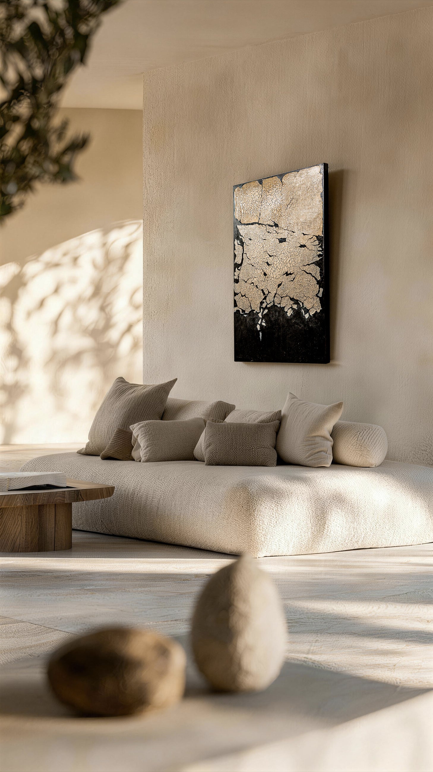 Gold from the Rift — lifestyle scene of handcrafted art in a refined interior, channeling earth element stability through its wabi-sabi gold rift texture and warm tonal depth.
