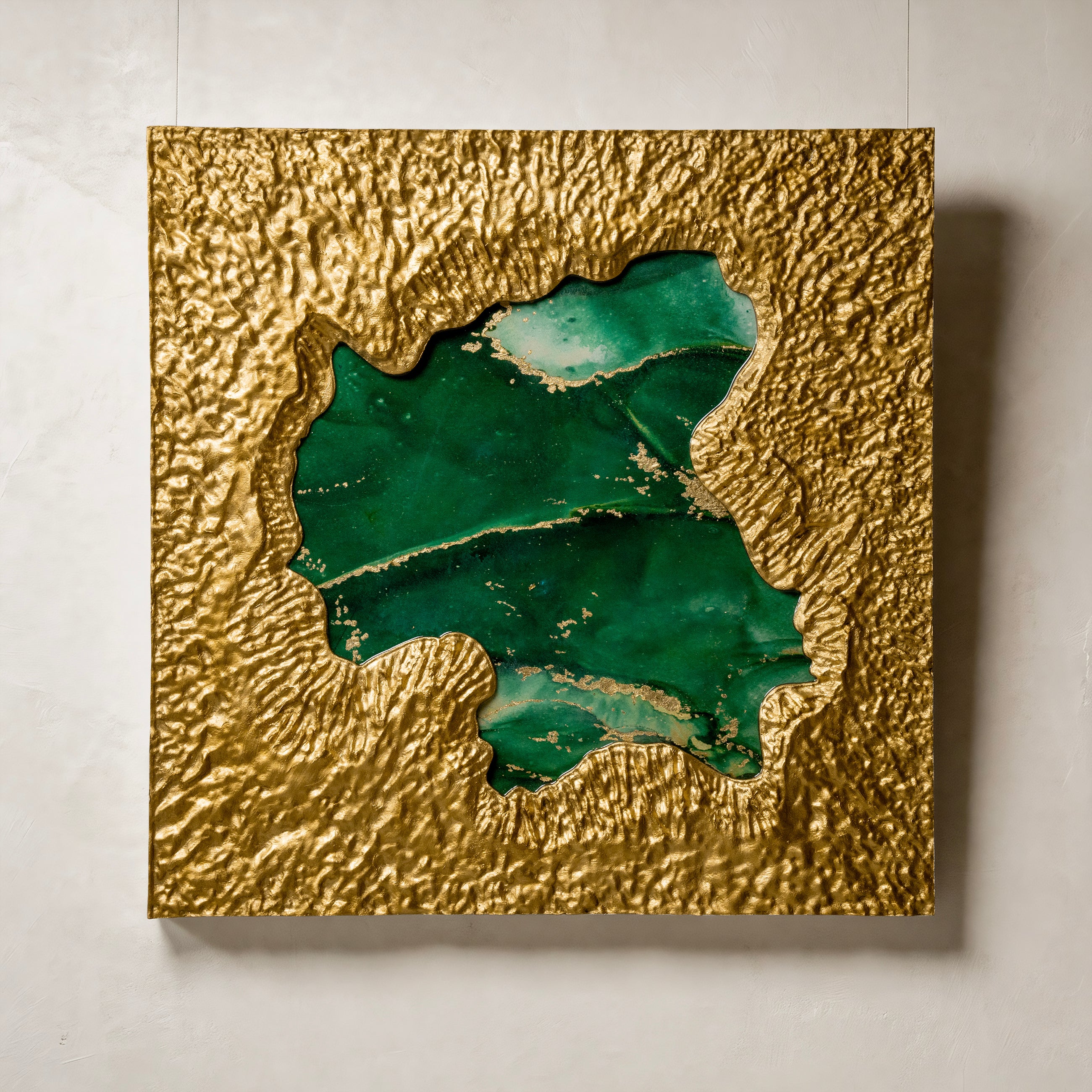 Mirror of Universe-green — full view of handcrafted 3D wall art embodying metal element clarity, with a luminous green-toned textured surface that reflects cosmic depth across the entire composition.