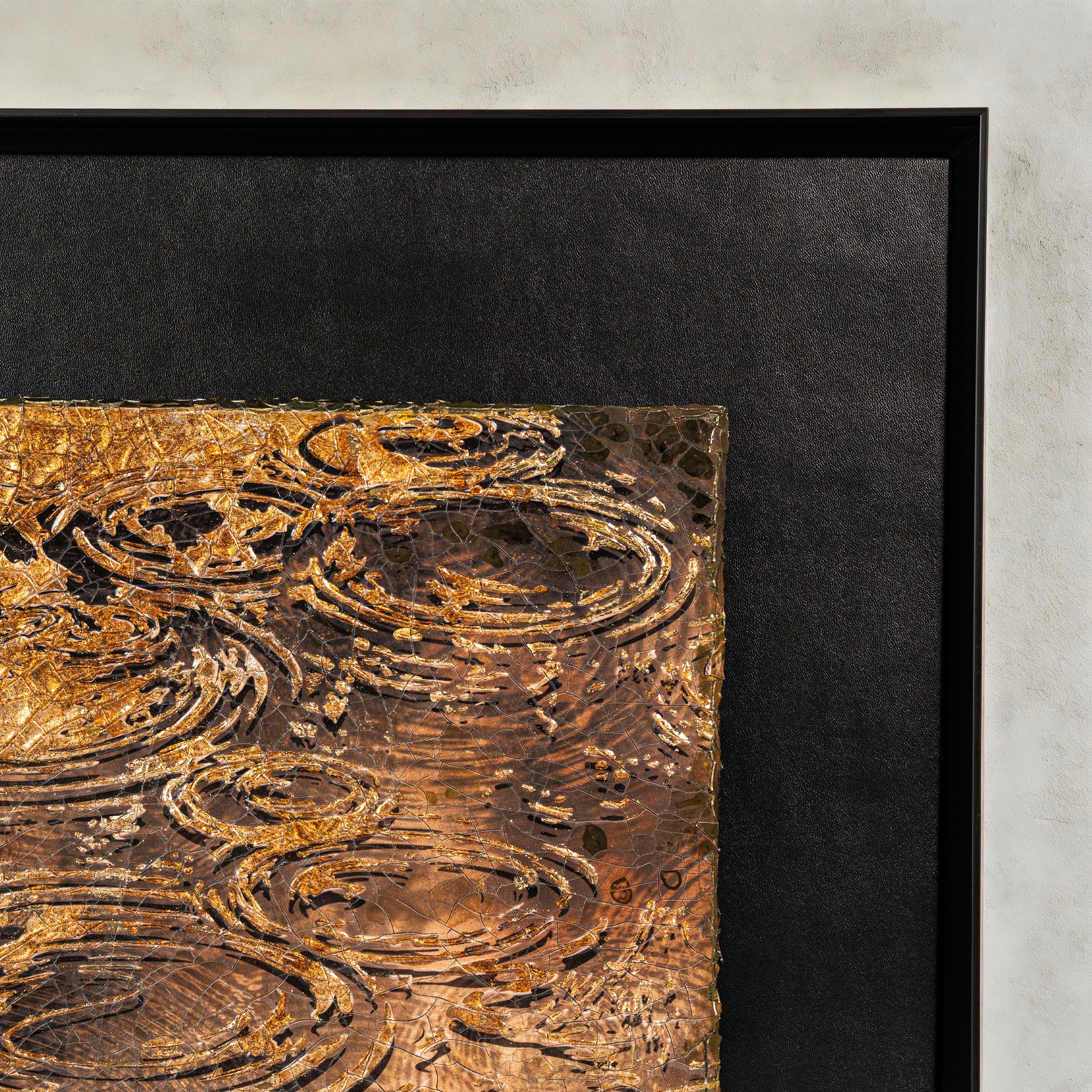 Corner detail of Harvest Tide — Patinated Foil · Aura Frame, revealing the two distinct gestures of the water element surface — natural crackle fissures formed through mineral curing and hand-worked 3D ripple relief — with fired foil tracing the wave contours.