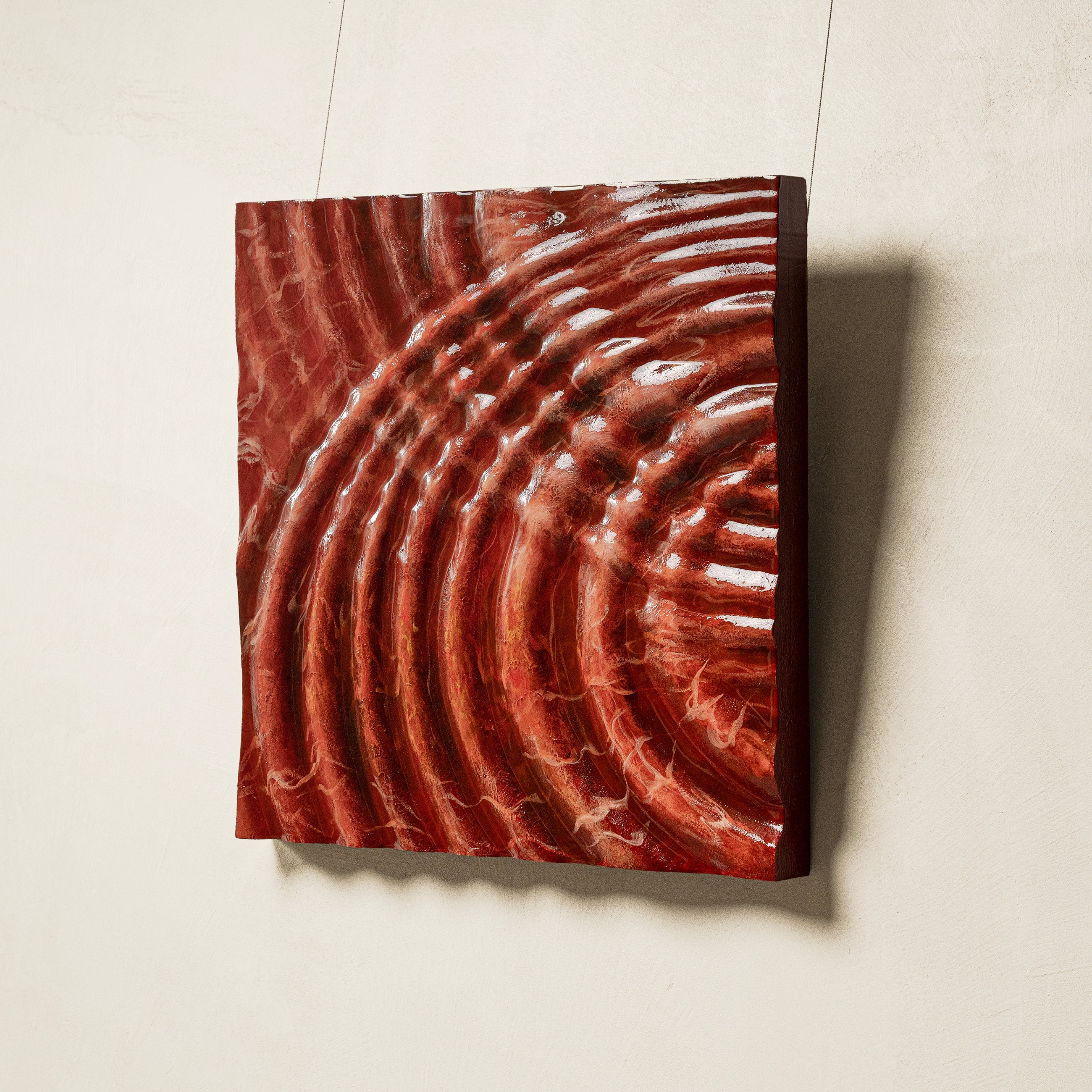 Macro detail of Ripples Texture Handcrafted Solid Art, revealing the visual depth of its 3D textured surface as flowing curves of deep mocha and soft beige radiate outward like ripples cast into a still lake.