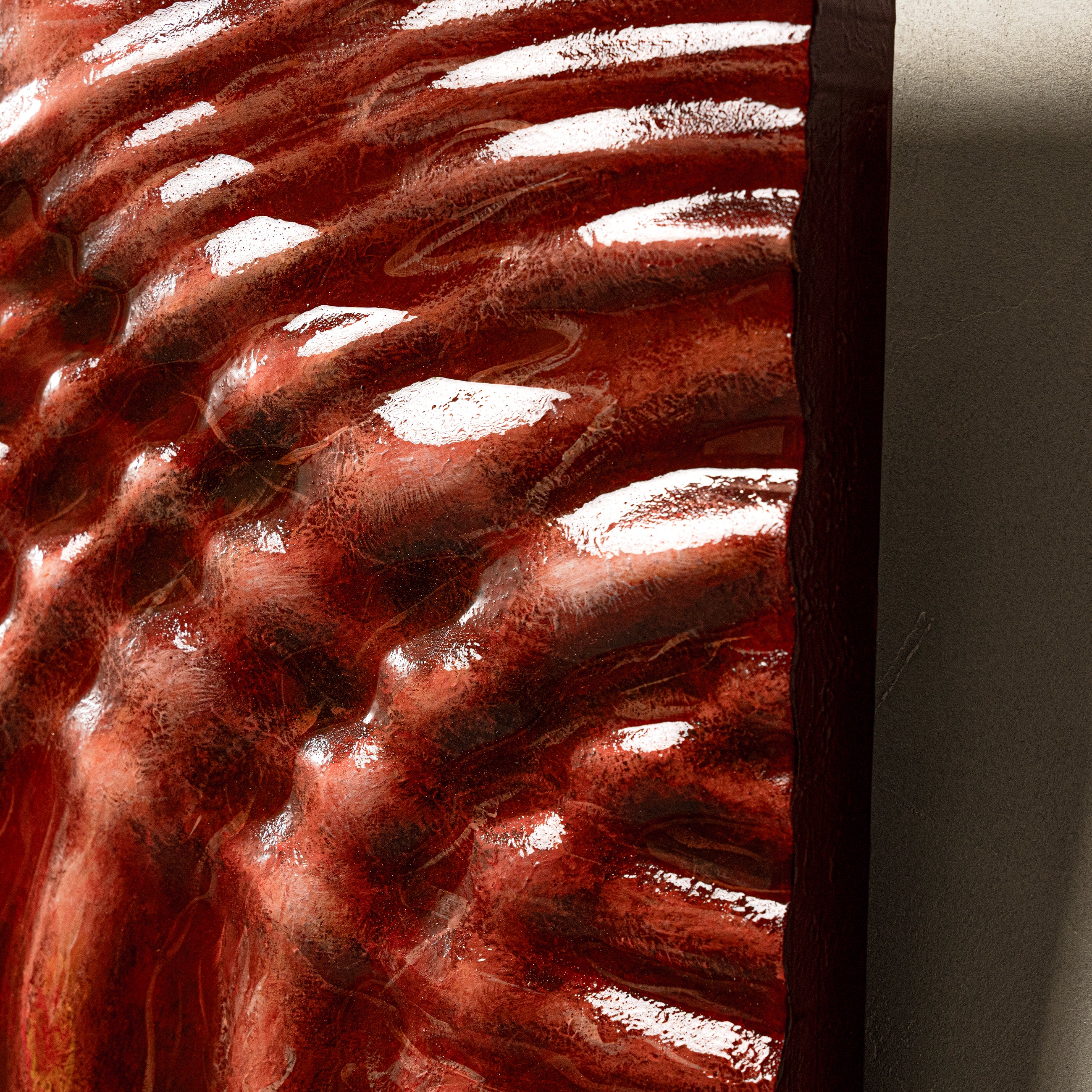 Close-up of Ripples Texture Handcrafted Solid Art, showcasing the artisan's meticulous hand-sculpted mineral base and delicate hand-painted layering of interwoven brown tones that mimic the natural spread of water.
