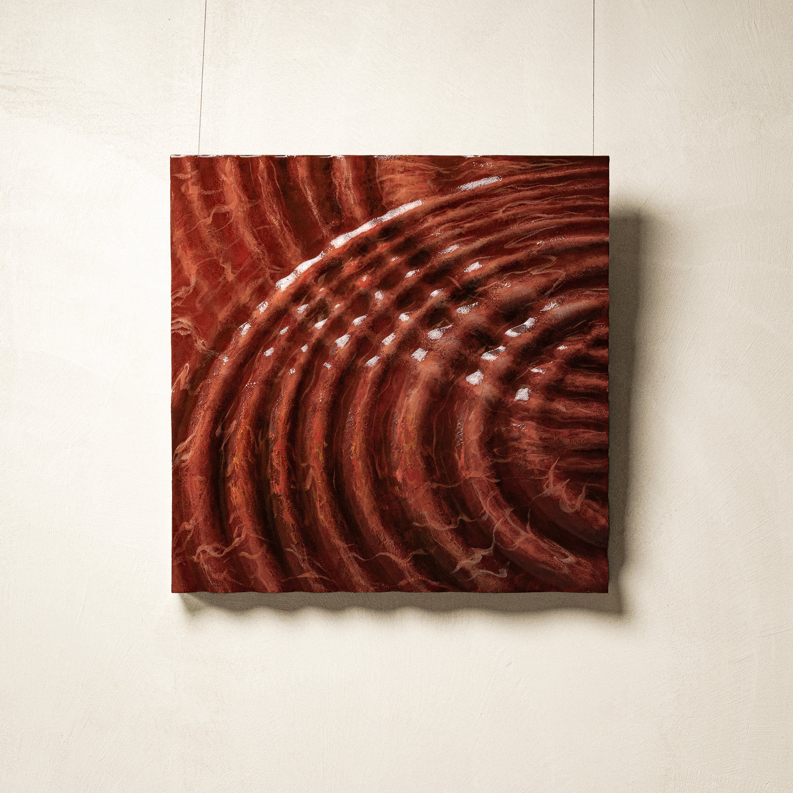 Ripples Texture Handcrafted Solid Art — full view of a water element wall art with a sculpted mineral base, where hand-painted layers of deep mocha to soft beige flow in rhythmic, rippling curves across the 3D textured surface.