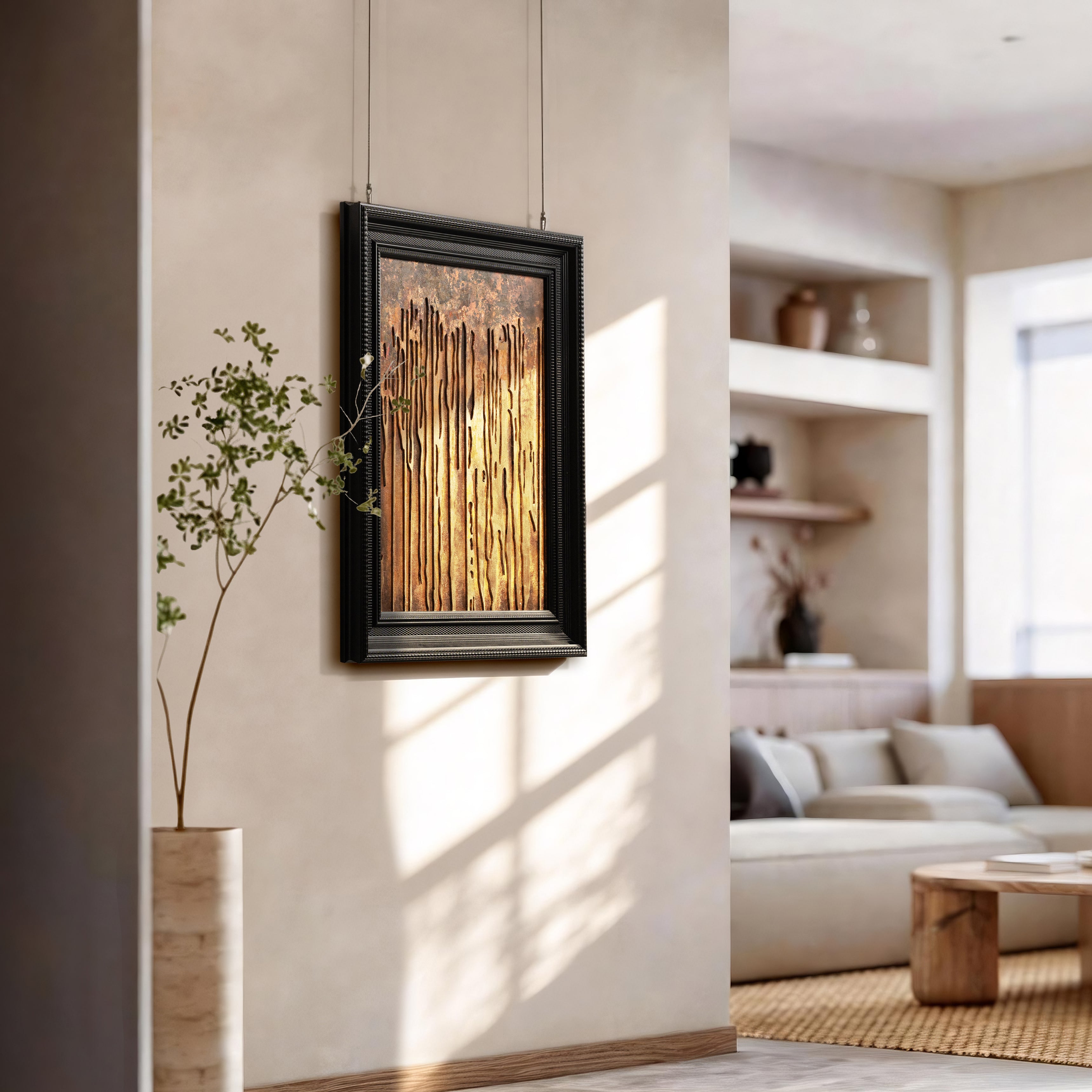 Shimmering Cascade — lifestyle scene of fired foil art in a refined interior setting, channeling fire element warmth with richly textured metallic tones.