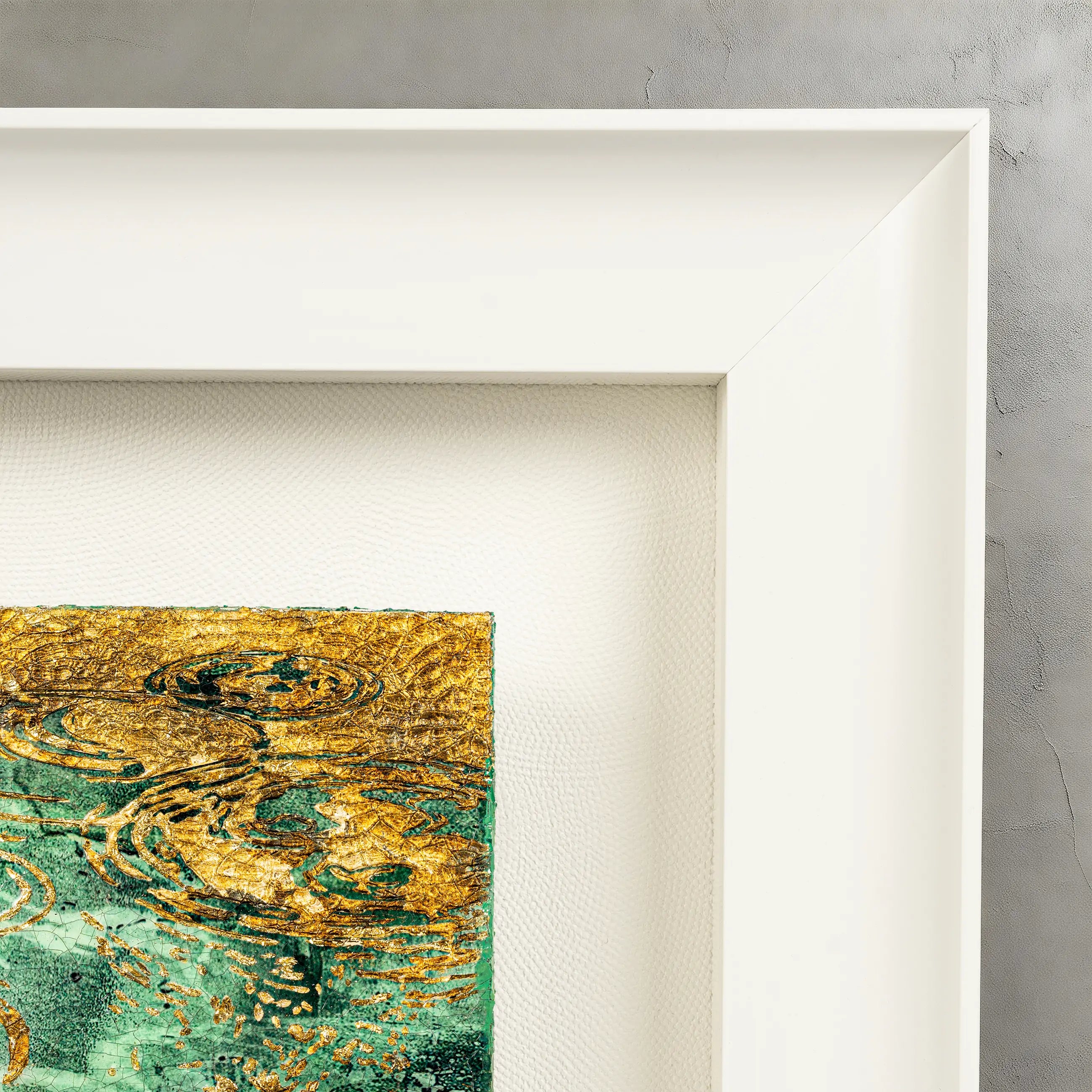 Still Water, Deep Current — close-up corner detail of the patinated foil surface, showcasing the raised mineral texture and water element ripple depth in one quarter of the artwork.