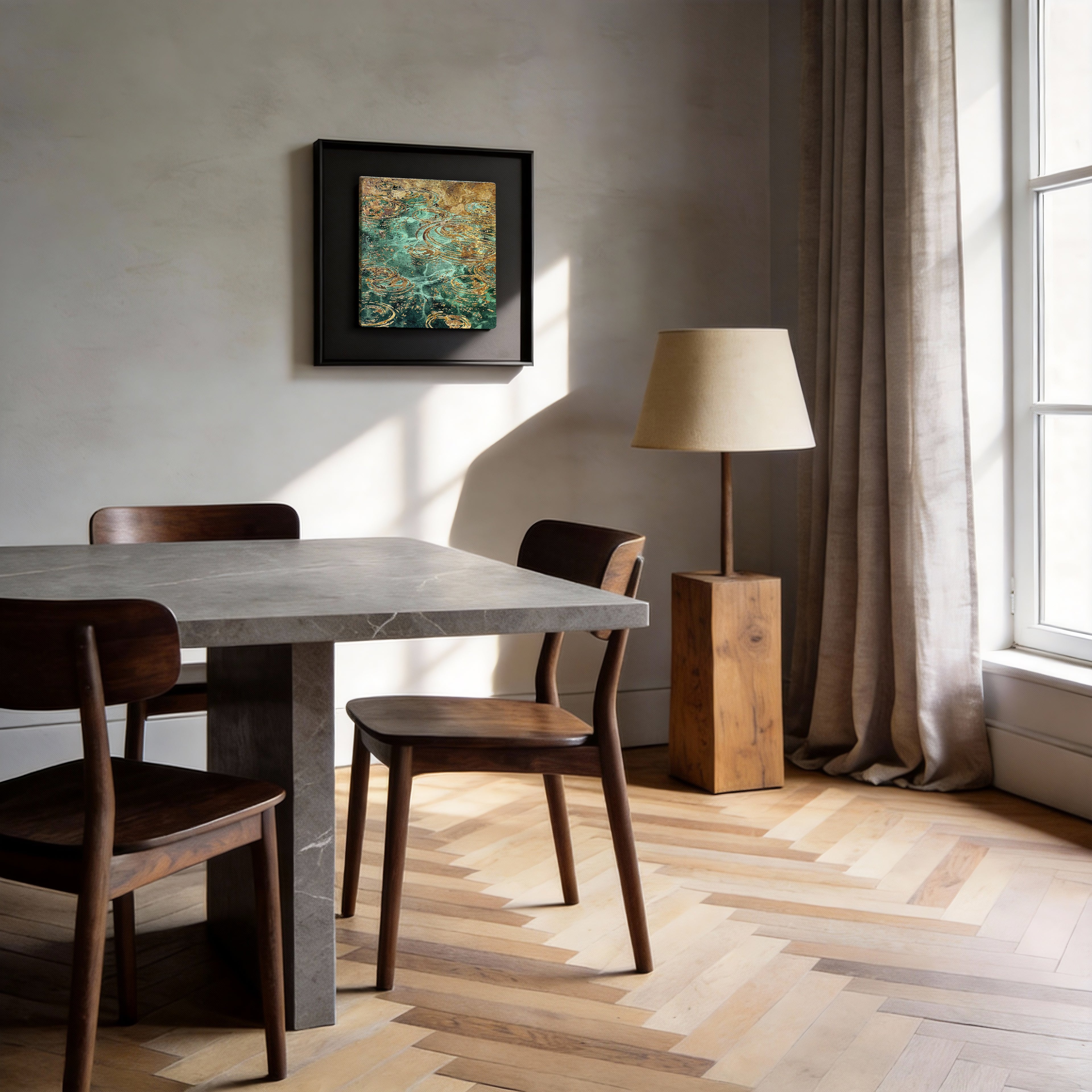 Still Water, Deep Current — Patinated Foil · Aura Frame — lifestyle scene of patinated foil art displayed in a serene interior, evoking water element stillness with subtle ripple movement across the framed canvas.