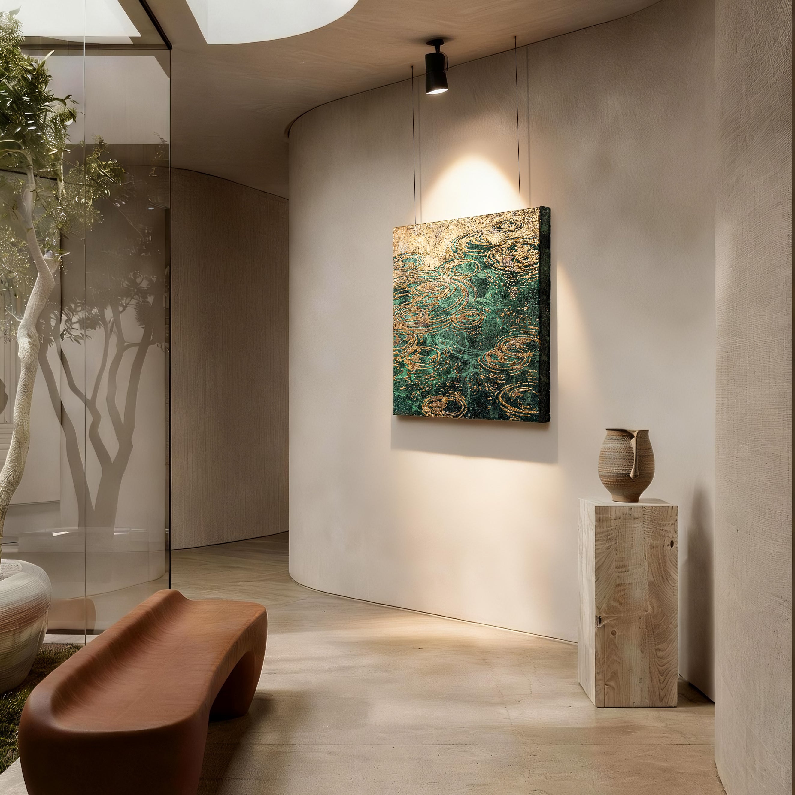 Still Water, Deep Current — Patinated Foil framed art in a serene interior, evoking water element stillness and fluid ripple depth with its monumental handcrafted patinated foil surface.
