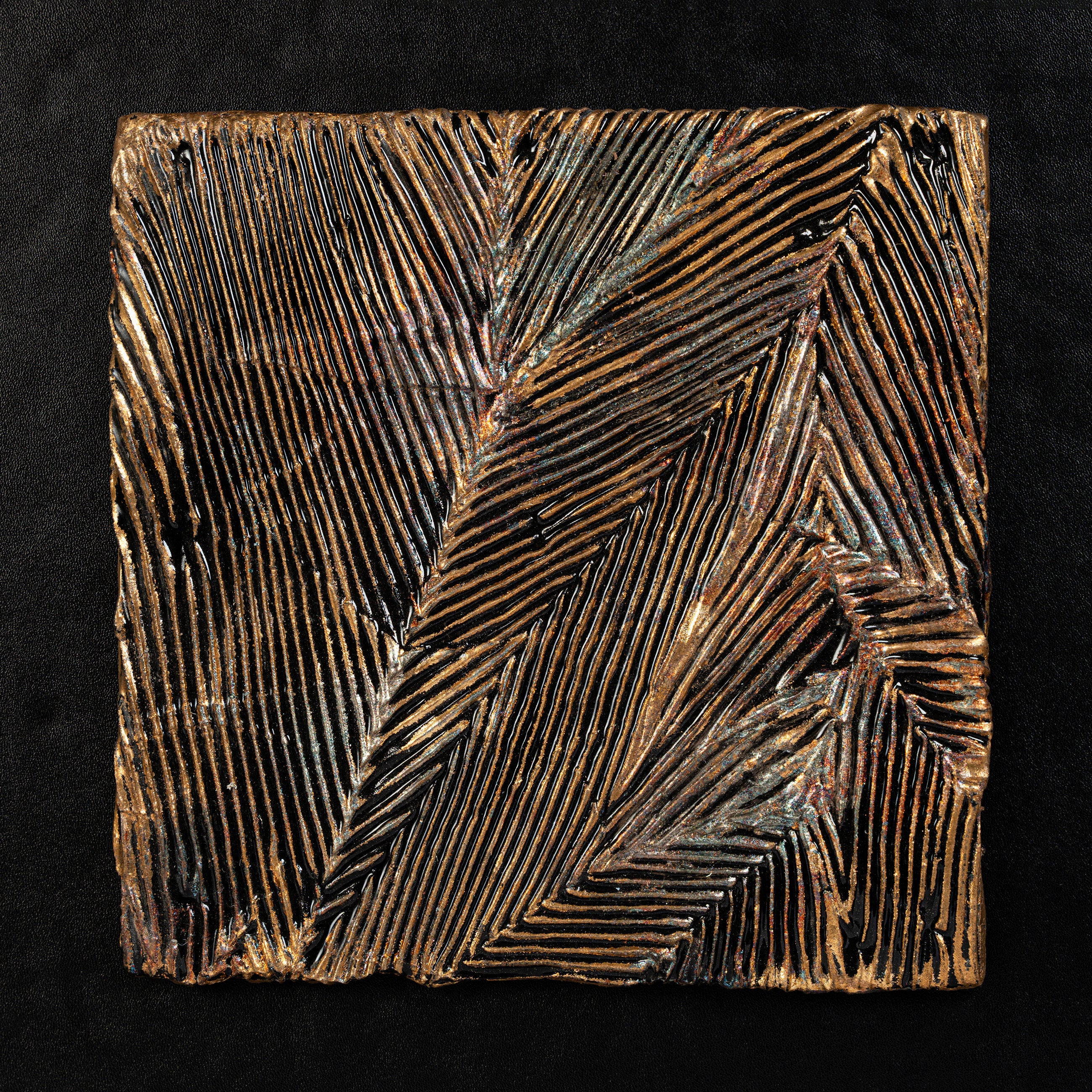 Unframed canvas of Striae — Patinated Foil · Aura Frame, revealing the full metal element mineral surface where parched, fractured crackle ground and linear fired foil passages run in parallel — built through a Song and Yuan dynasty ICH tradition across more than eight hundred years.