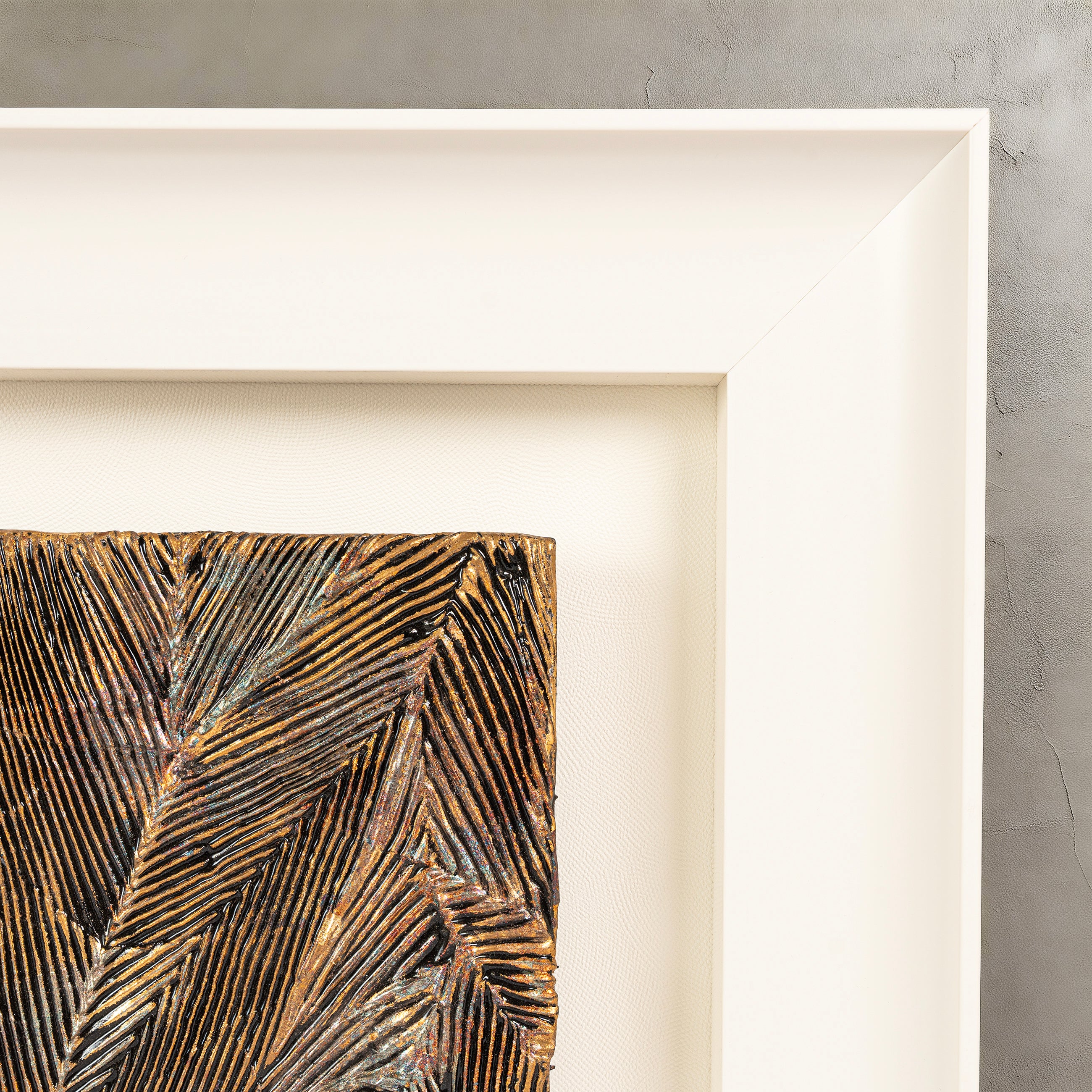 Corner detail of Striae — Patinated Foil · Aura Frame, showing the parallel linear striations of heat-oxidized fired foil laid across the metal element crackle mineral terrain — sixteen stages of high-temperature firing producing tonal variation through combustion rather than pigment.