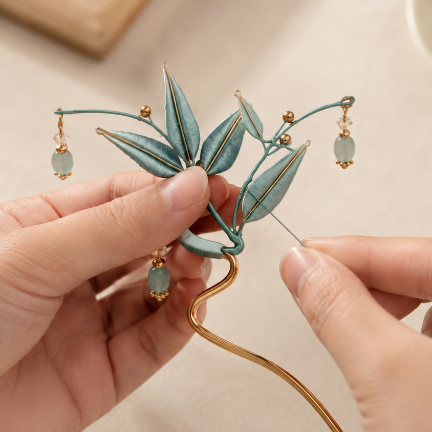 Youlan silk hair fork being shaped and finished by hand